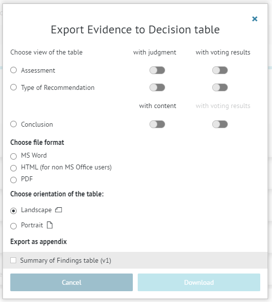 export window for evidence to decision table with section selection, judgements or voting results per criteria selection as well as file format choice