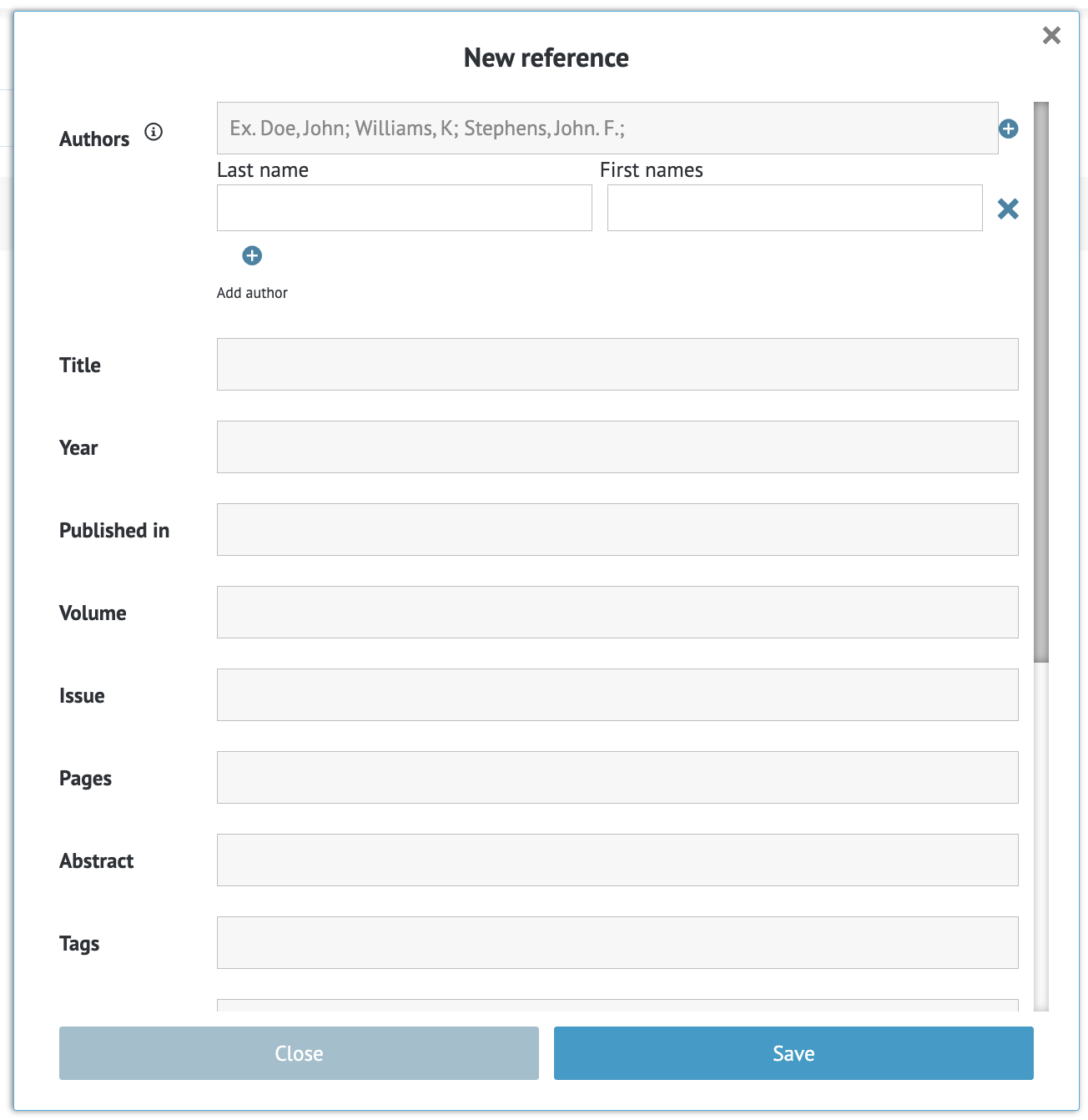 separate window for entering reference details