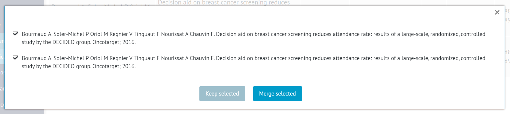 window displaying reference details with options to select specific entries for merging or keeping when duplicate references are detected