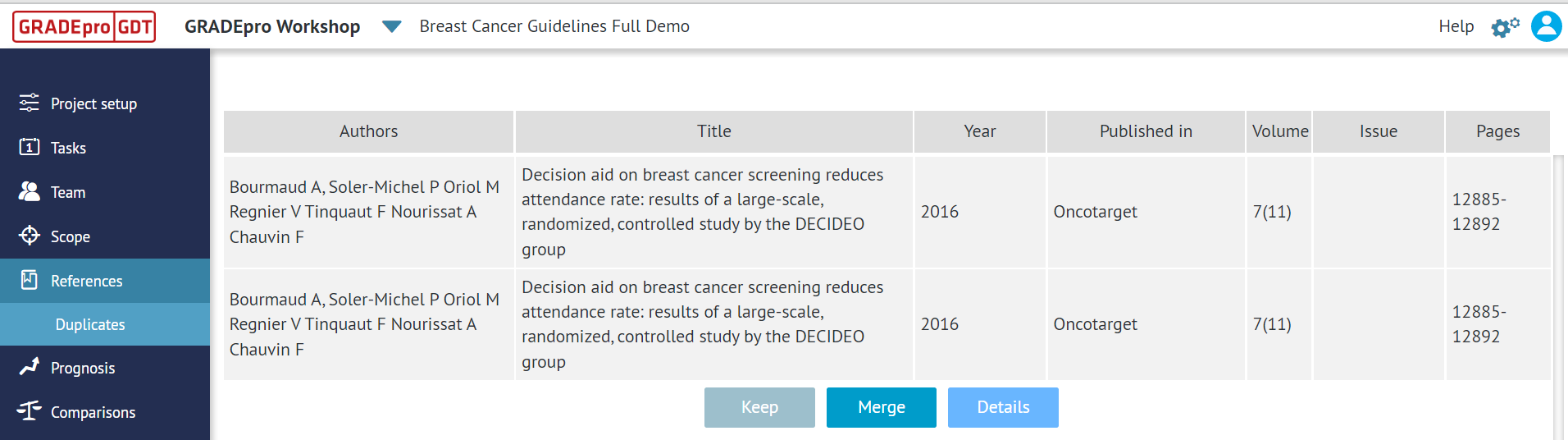 screenshot of 'Duplicates' section in 'References' tab 