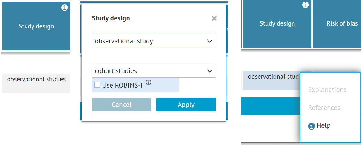 screenshot of 'Study design' cell - cell with multiple text fields or dropdowns that require references to be added within the individual fields rather than to cell itself