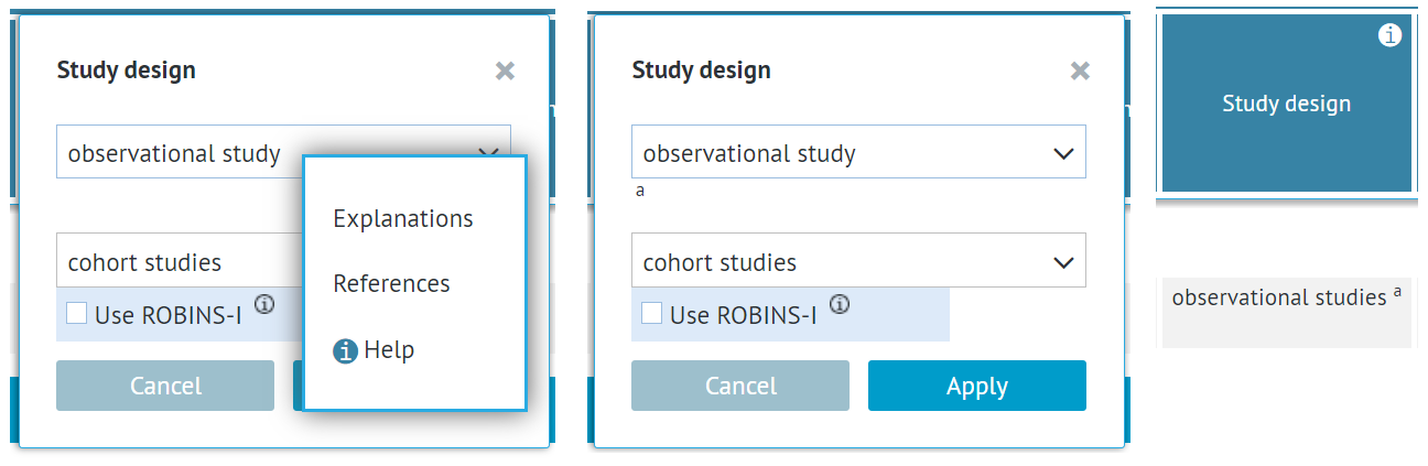 screenshot of 'Study design' cell - cell with multiple text fields or dropdowns that require references to be added within the individual fields rather than to cell itself