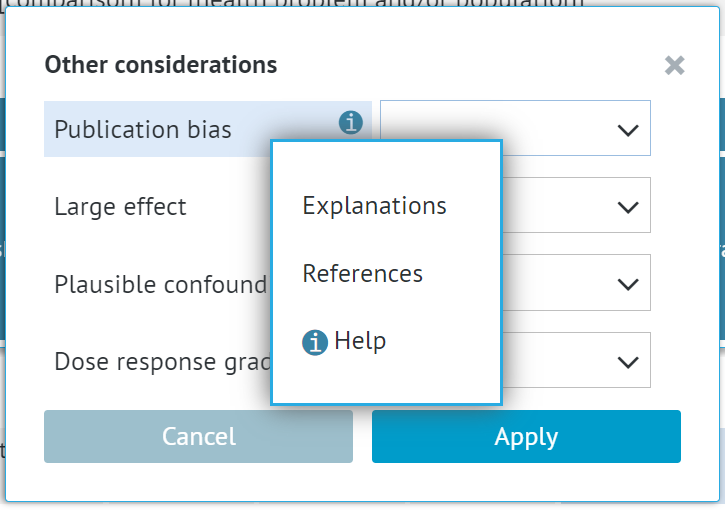 exemplary cell with multiple options or dropdowns and the dialogue window for adding explanations/references visible after clicking on particular option with right mouse button