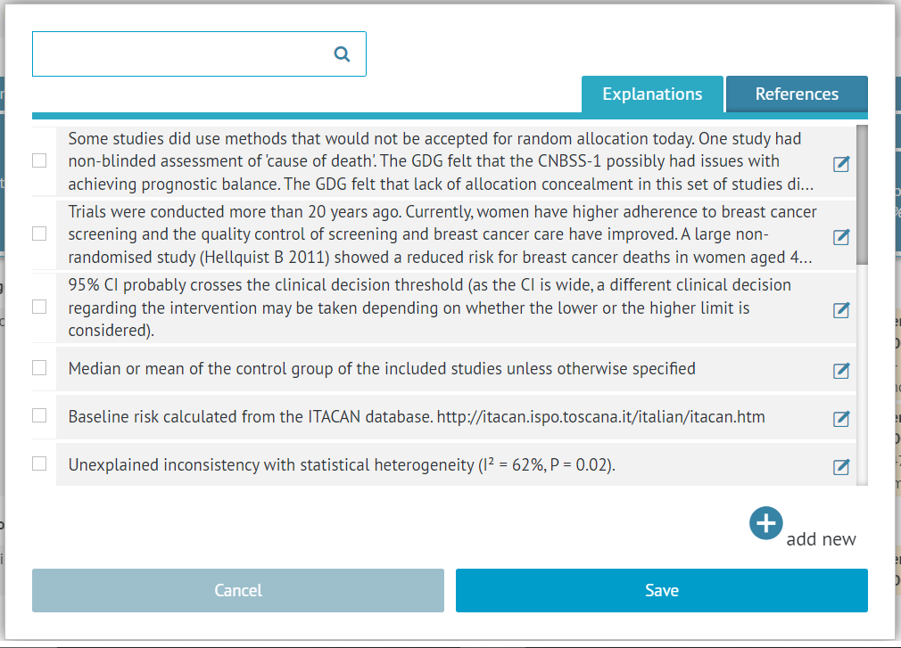 separate dialogue window for adding explanations and references