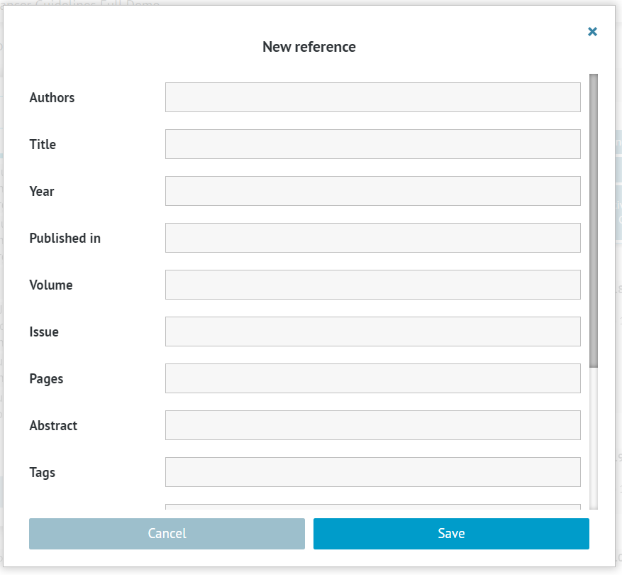 separate window for entering reference details