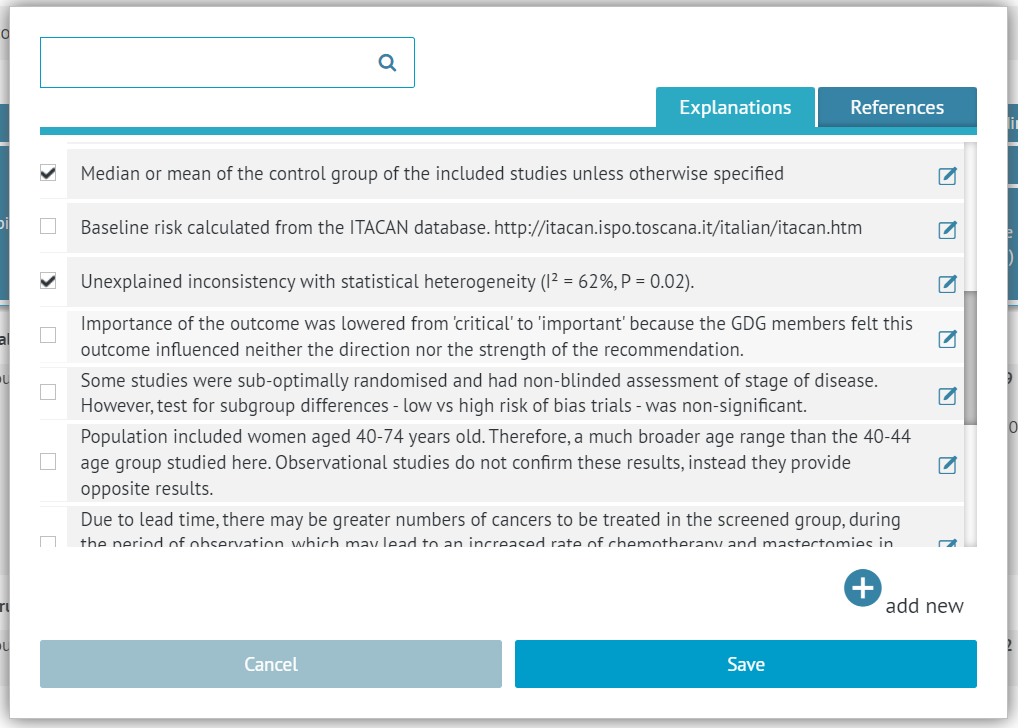 screenshot of explanations list in dialog window for adding explanations and references