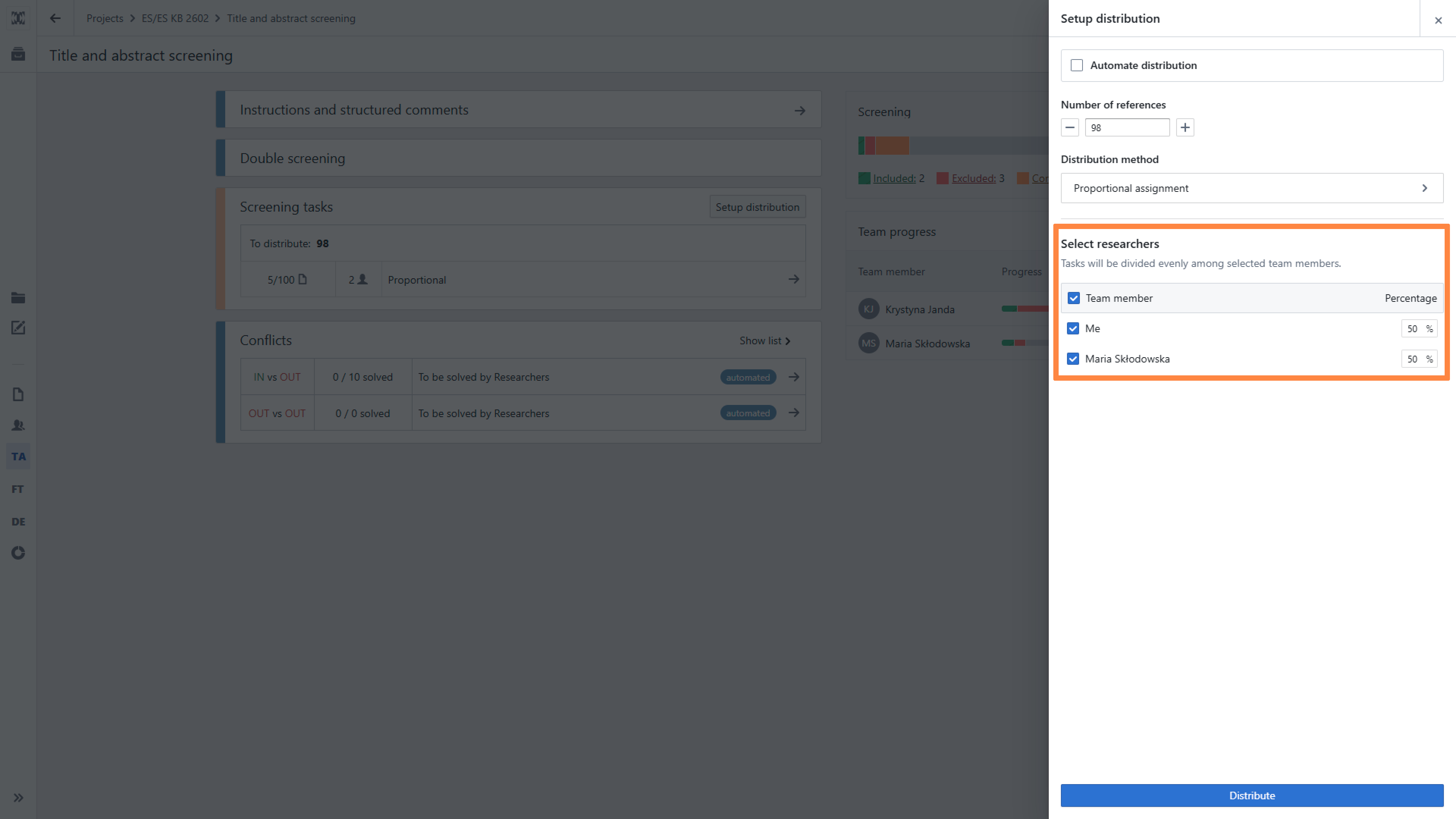 Title and abstract screening task distribution panel showing automated distribution disabled and proportional assignment selected.