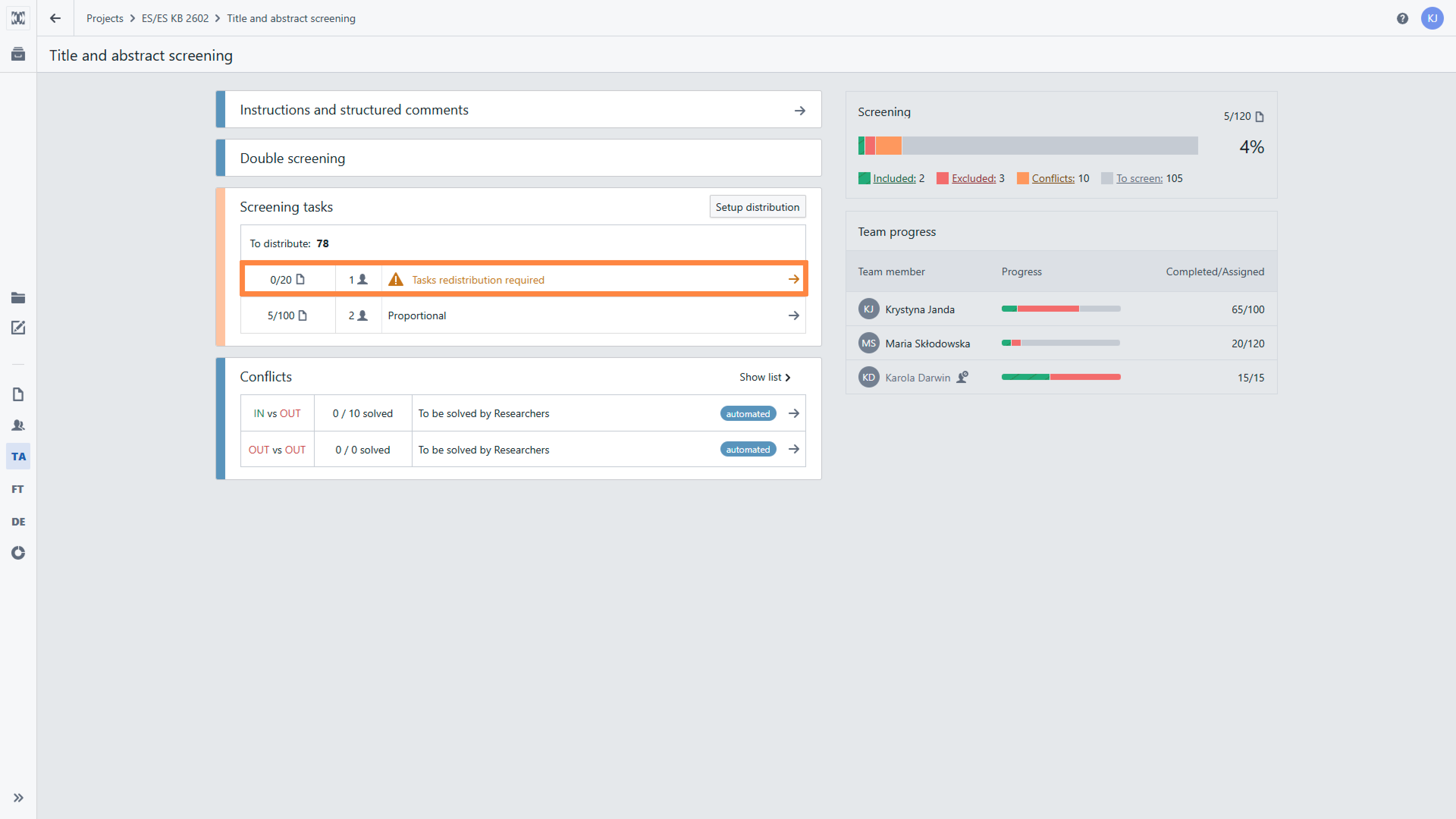 The Title and abstract stage dashboard with the group of previously distributed tasks that require redistribution in the 'Screening Tasks' section. 