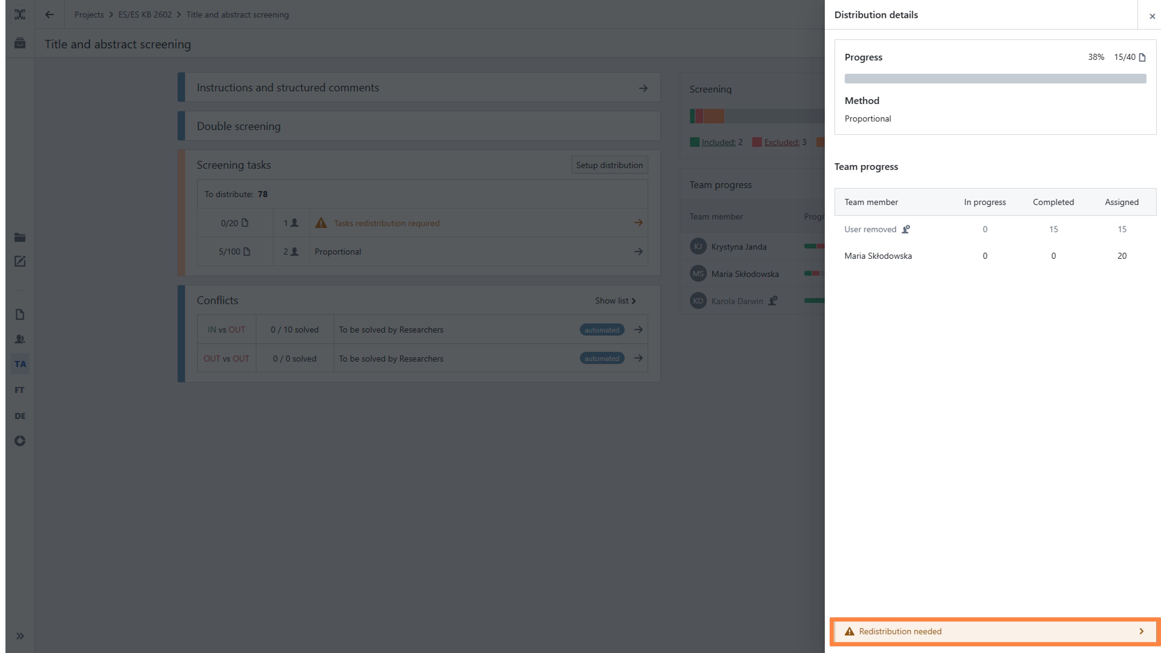 Distribution details of the Title and abstract screening stage, with the 'Task redistribution required' section highlighted. 