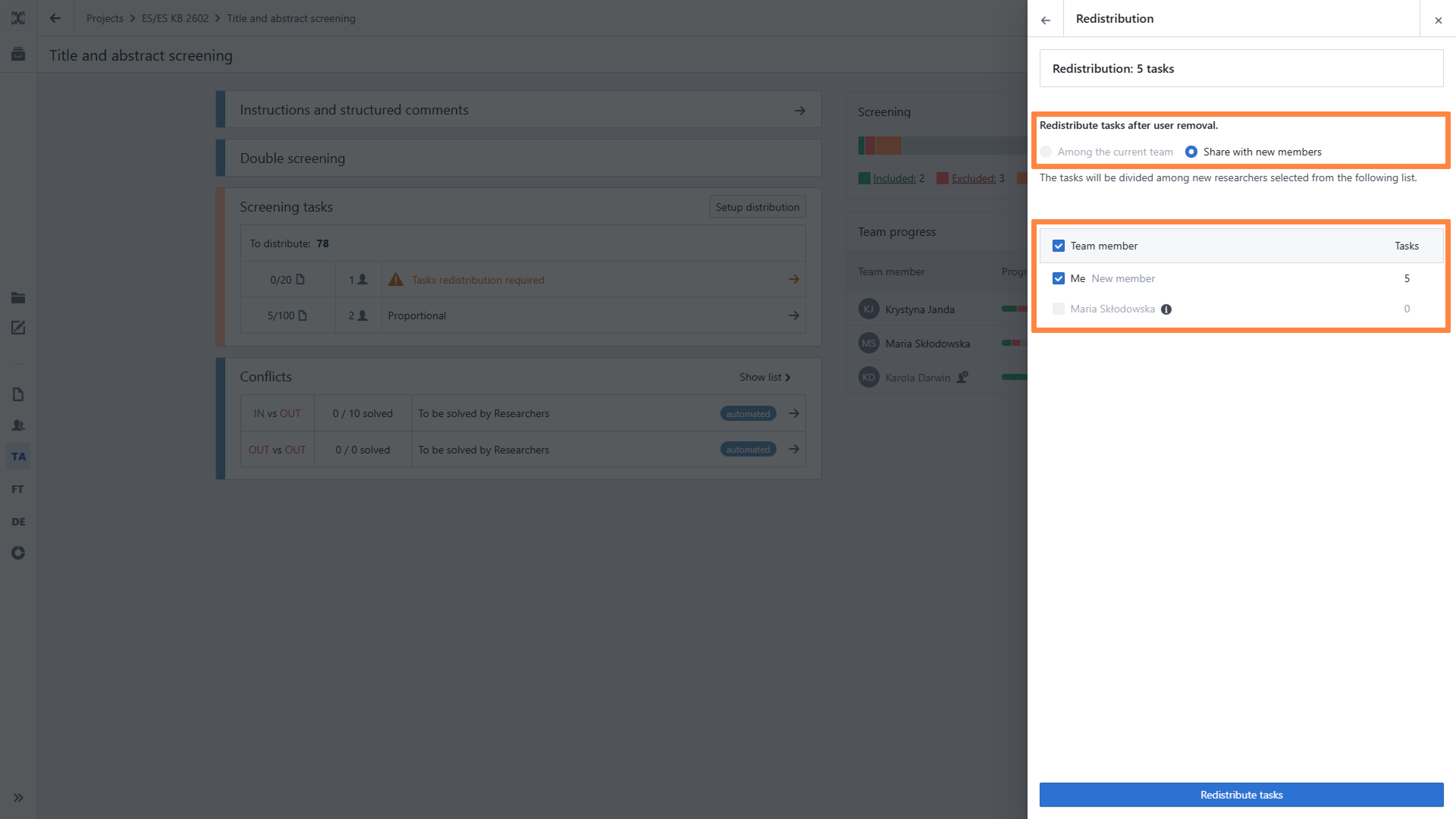References redistribution tab with 'Share with new members' method selected