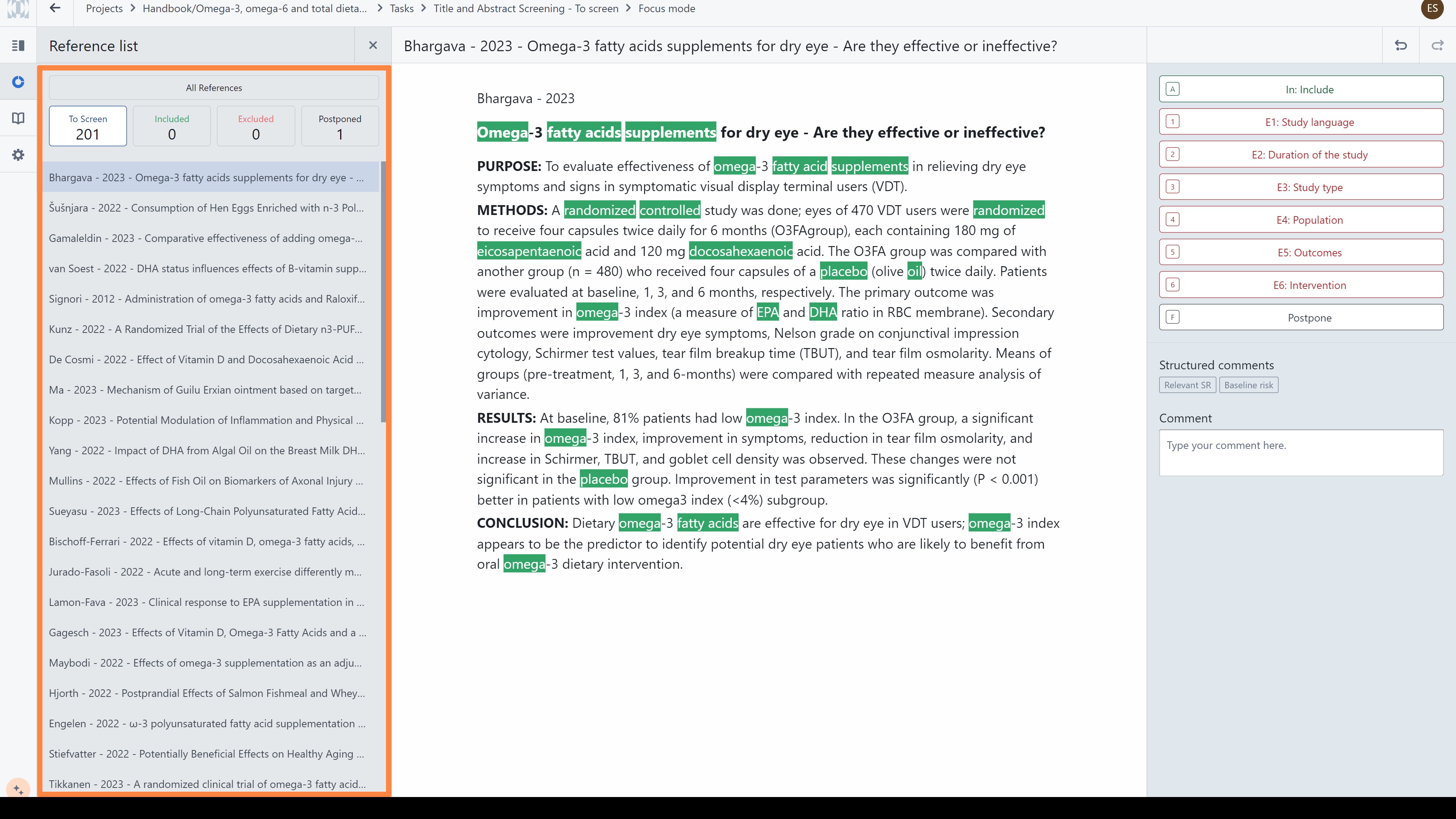 Focus mode view with an abstract view in the centre, a decision panel on the right and a Reference List on the left. 