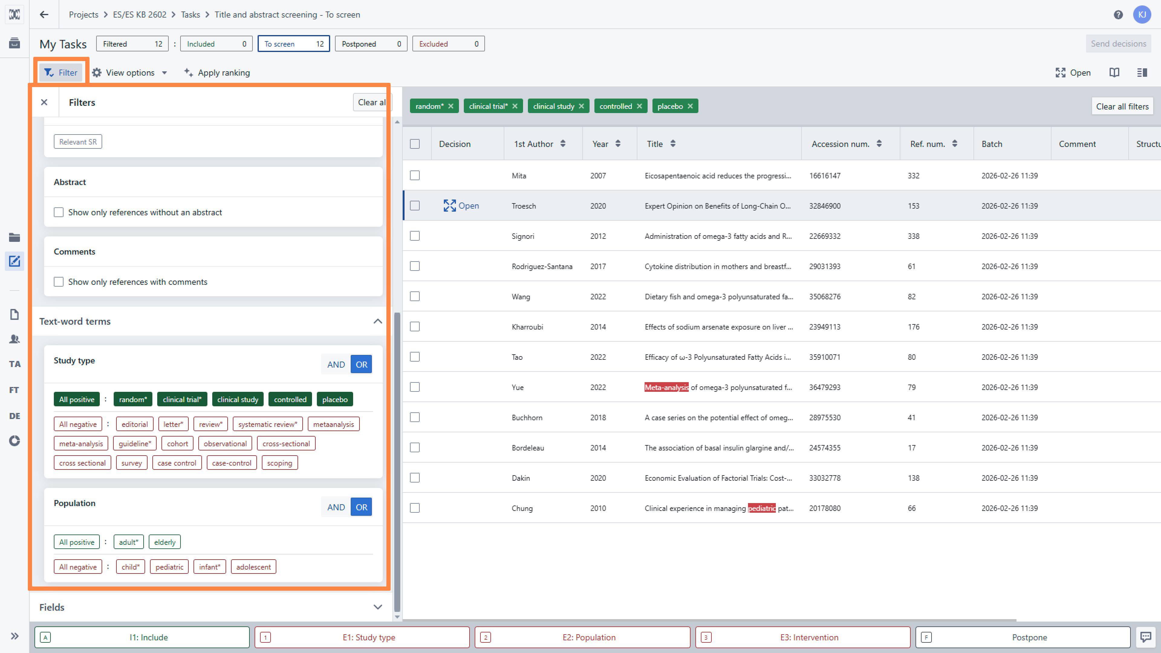 Reference list panel with filter options enabled on the left side of the panel.