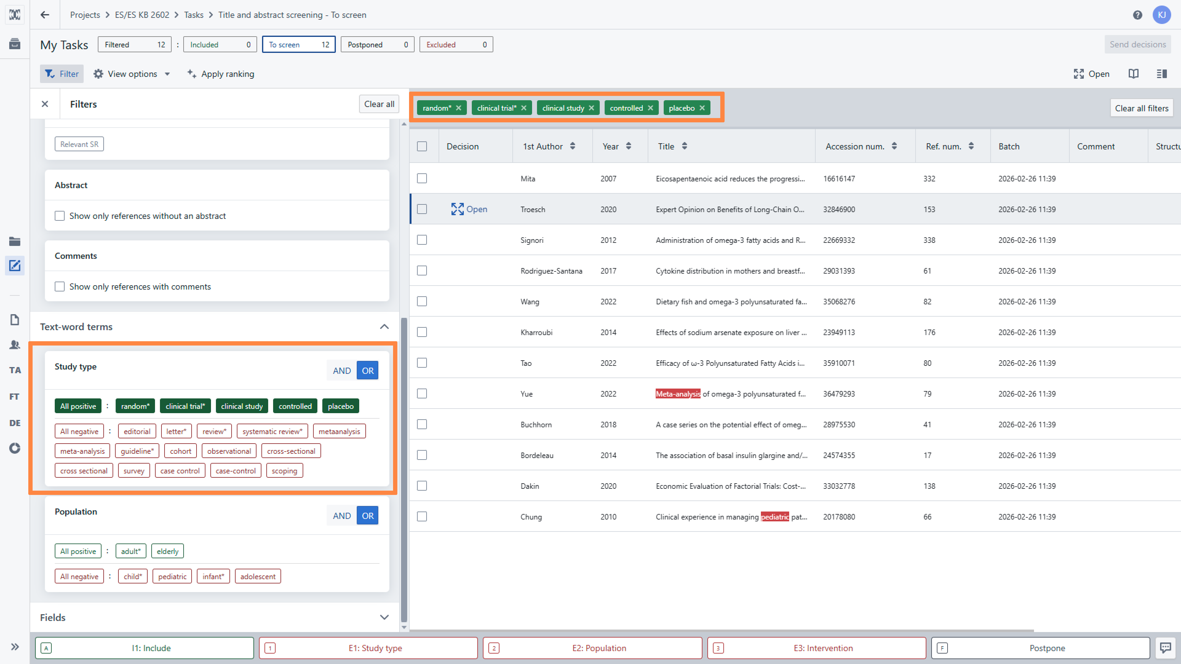 Reference list panel with the example of filtering records by positive keywords. 