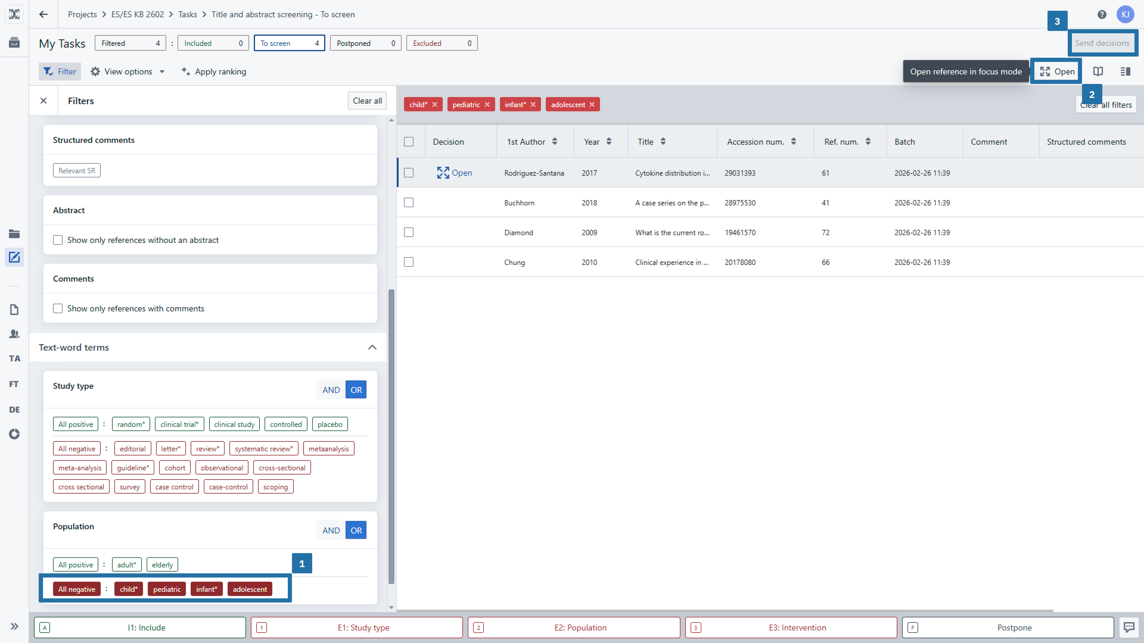 Reference list with the steps to exclude irrelevant records: