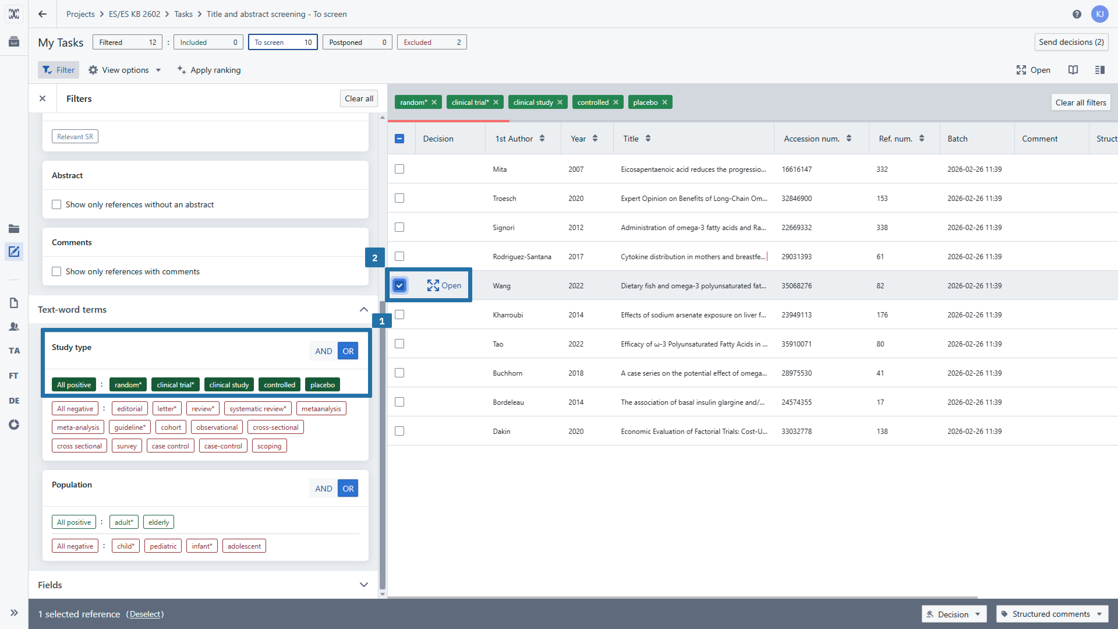 Reference list with the steps for filtering records with the highest probability of inclusion