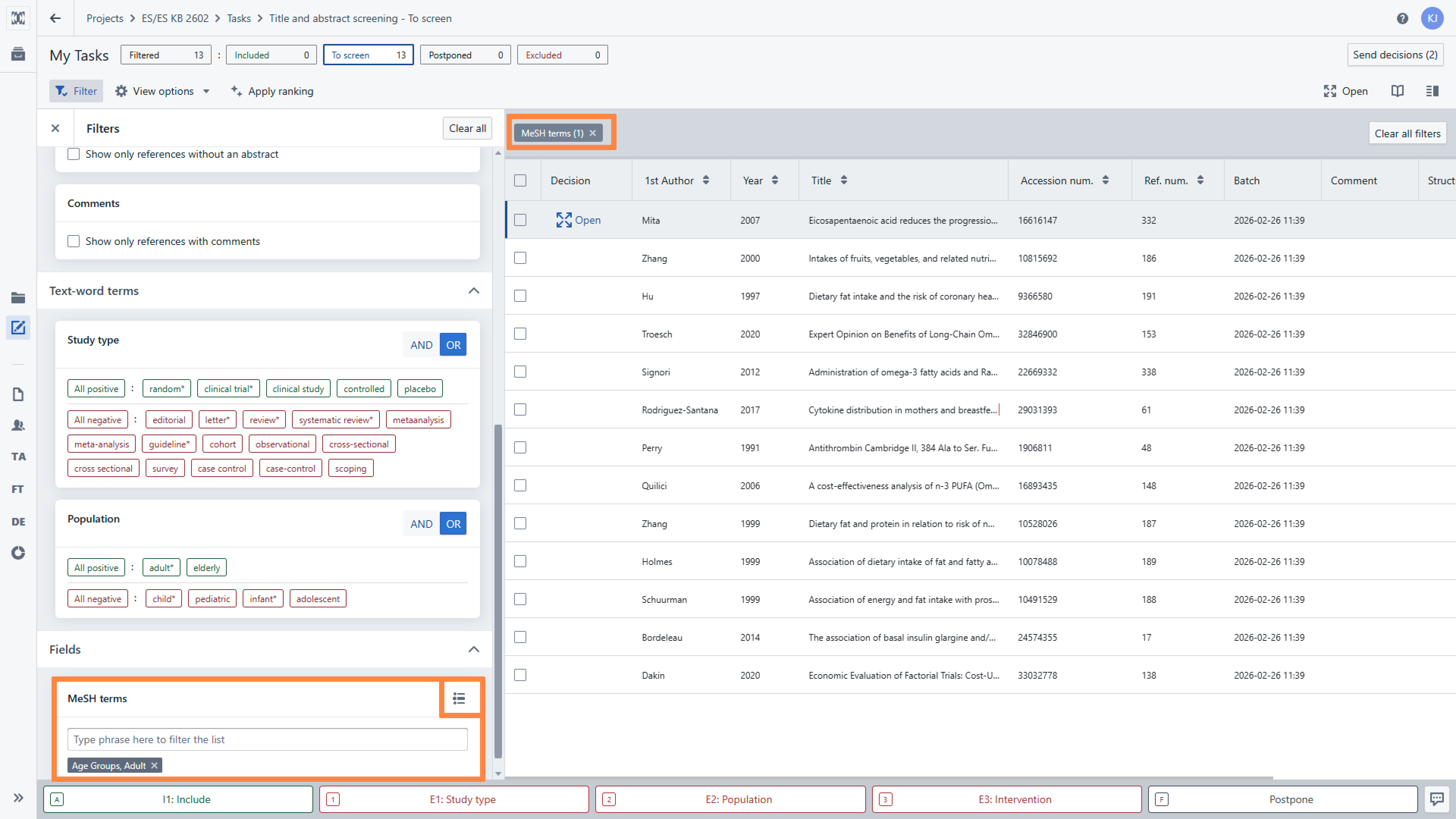 Reference list view with example of filtering records by MeSH terms.