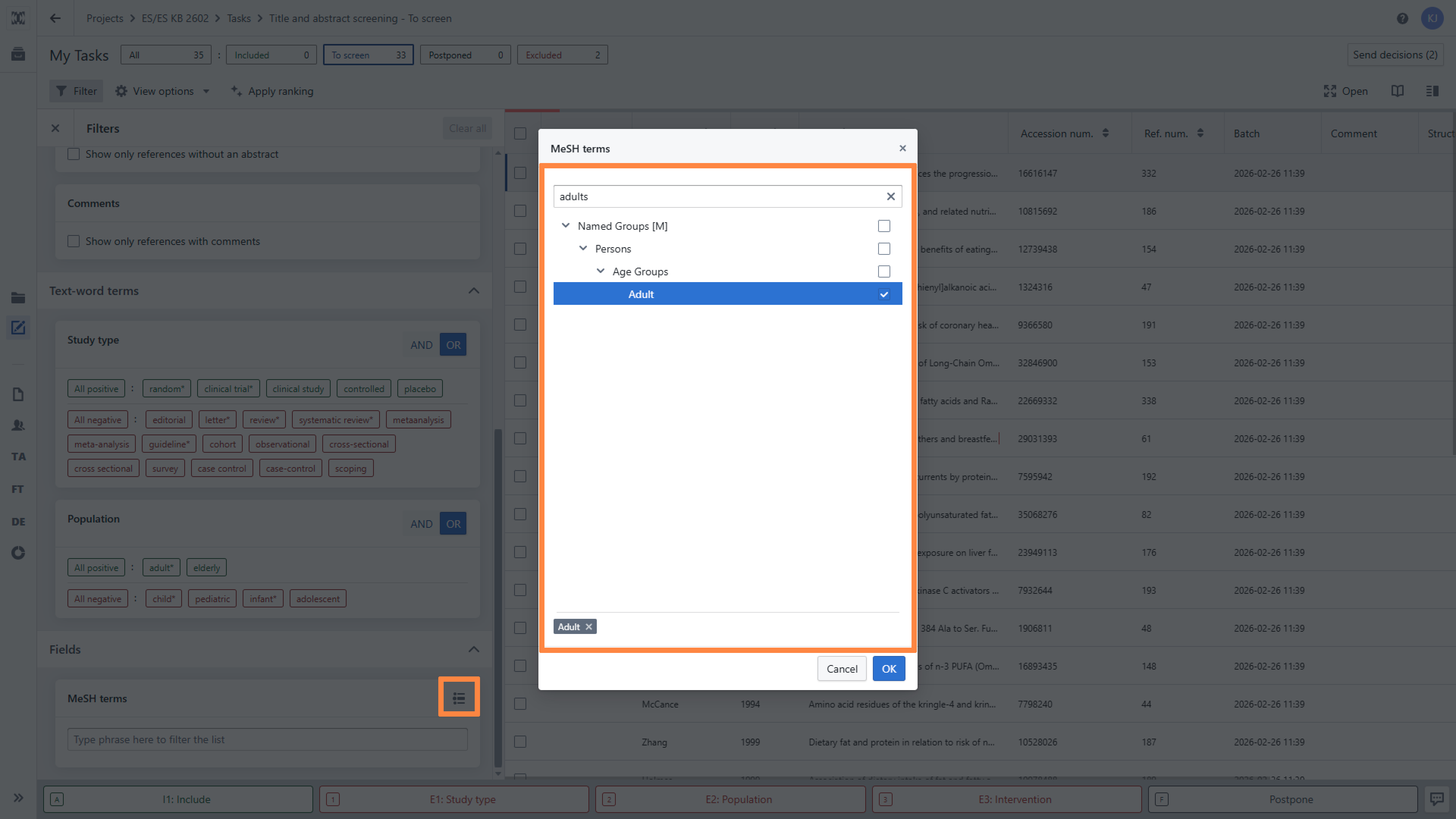 List of MeSH terms in the filtering panel in Reference list view