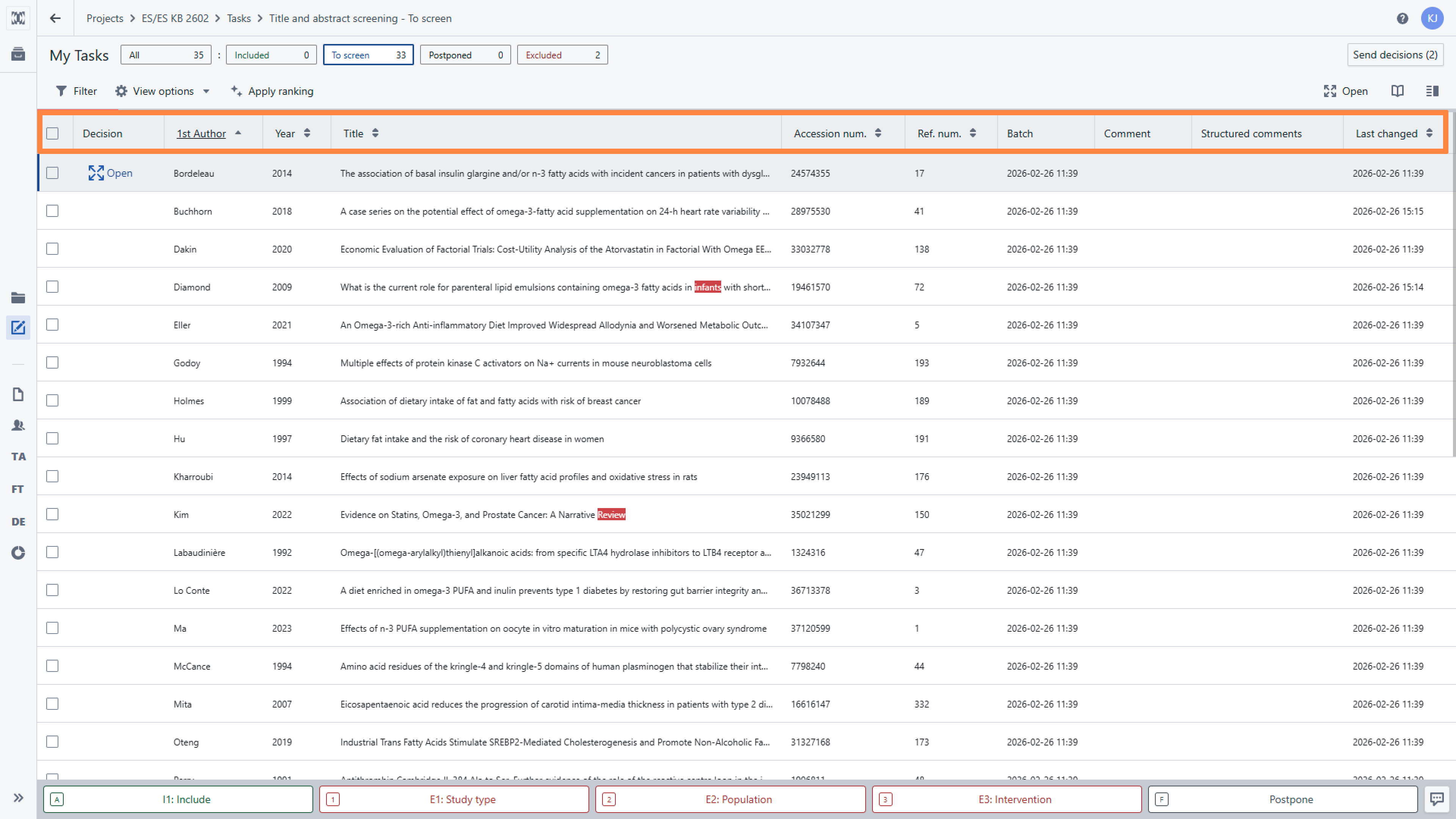 Reference list view with highlighted reference sorting options