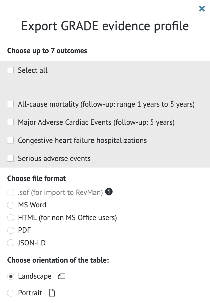 screenshot of separate window with export options of file format and table orientation for evidence tables