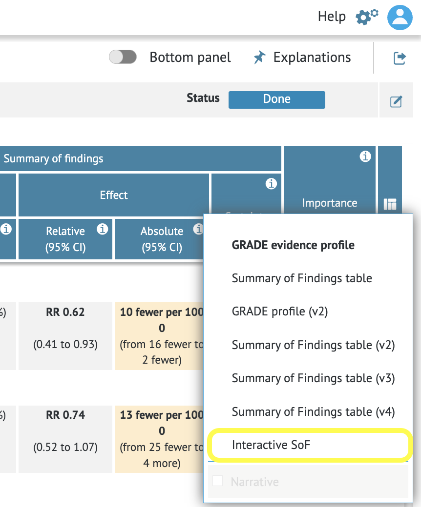screenshot of table displays formatting options available after clicking the icon on the right-hand side of the table header