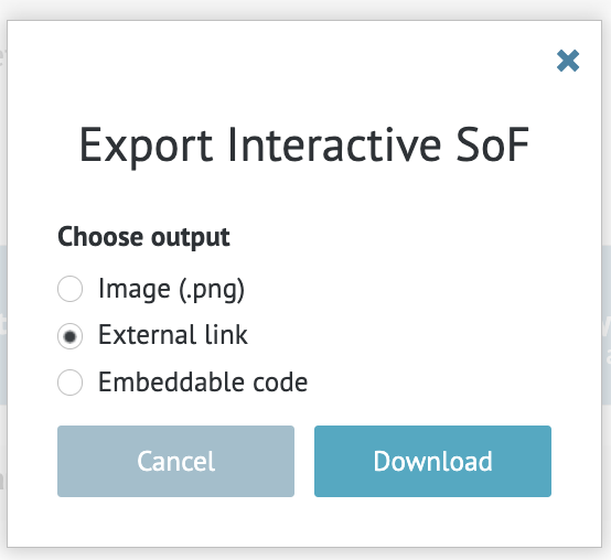 screenshot of separate window with output options of export for interactive Summary of Findings