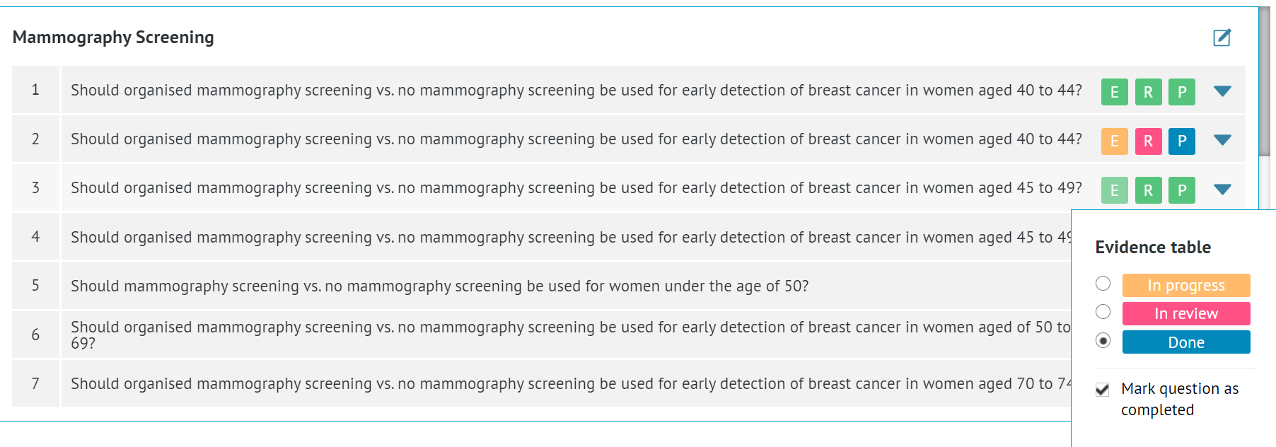 screenshot of list of project questions from 'Comparisons' tab with option to mark the progress in various parts of particular questions available on right hand side of each question