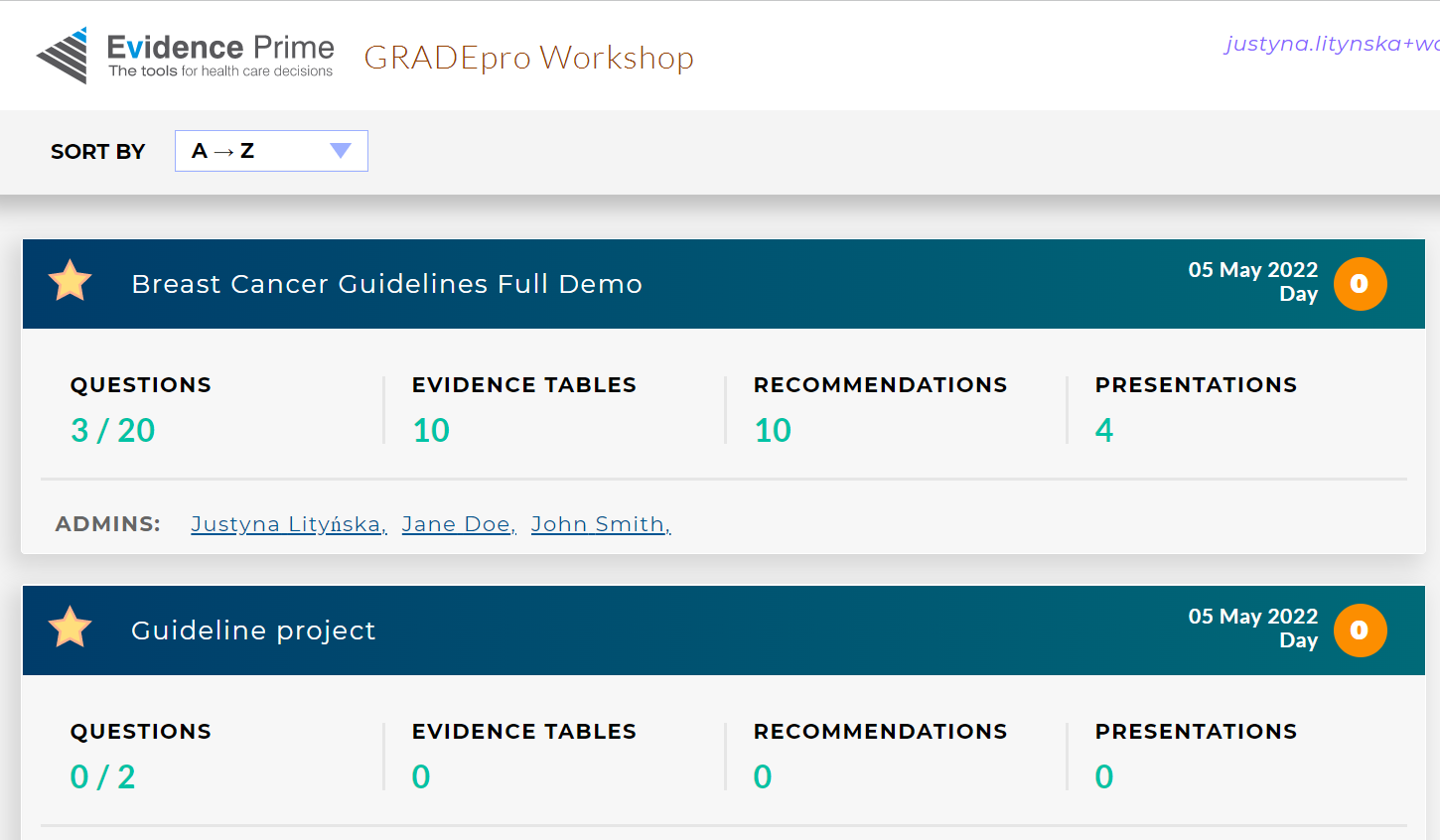 organisation admin's view with project list