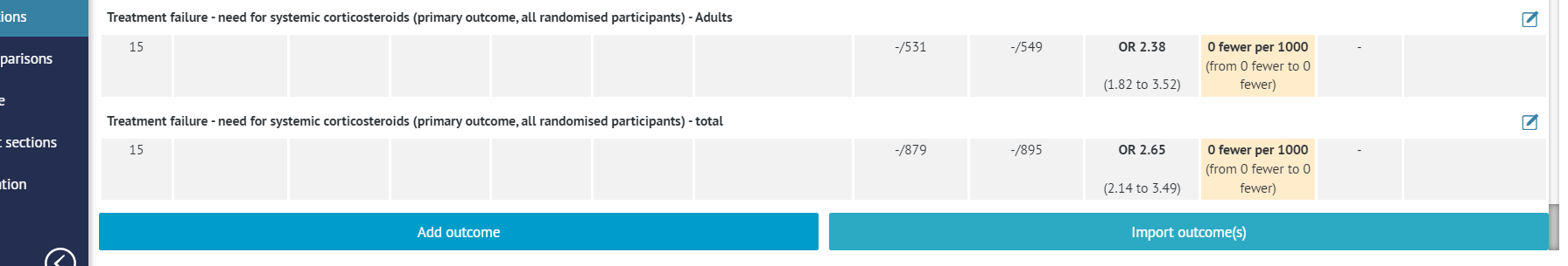 exemplary evidence table with imported outcomes