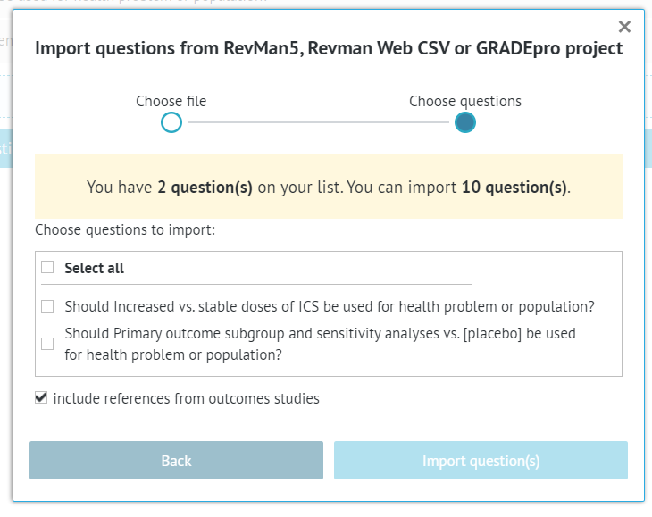 project question list with full or selective import options