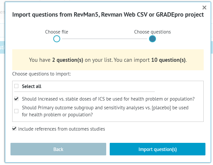 project question list with full or selective import options