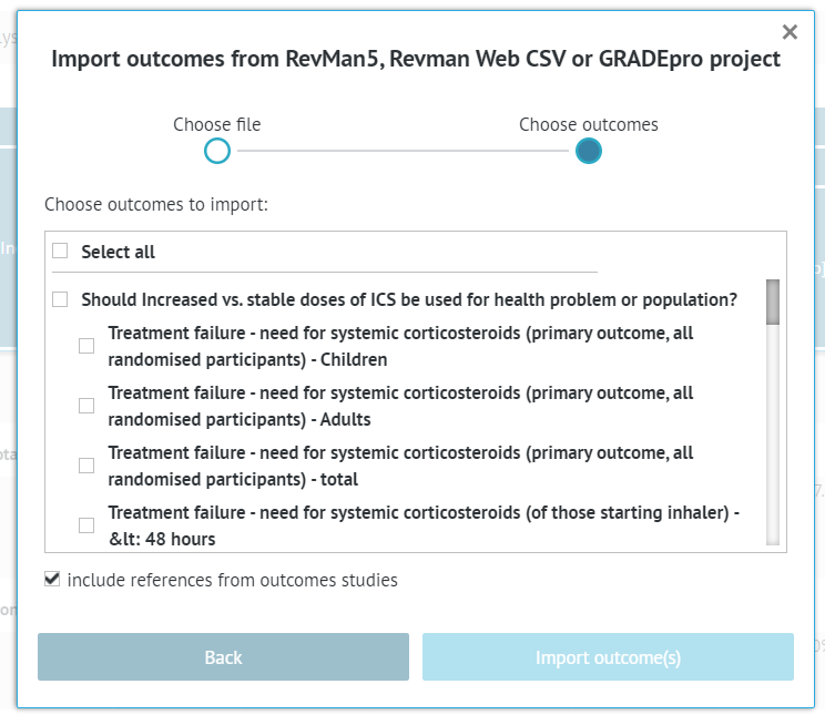 project outcomes list with full or selective import options