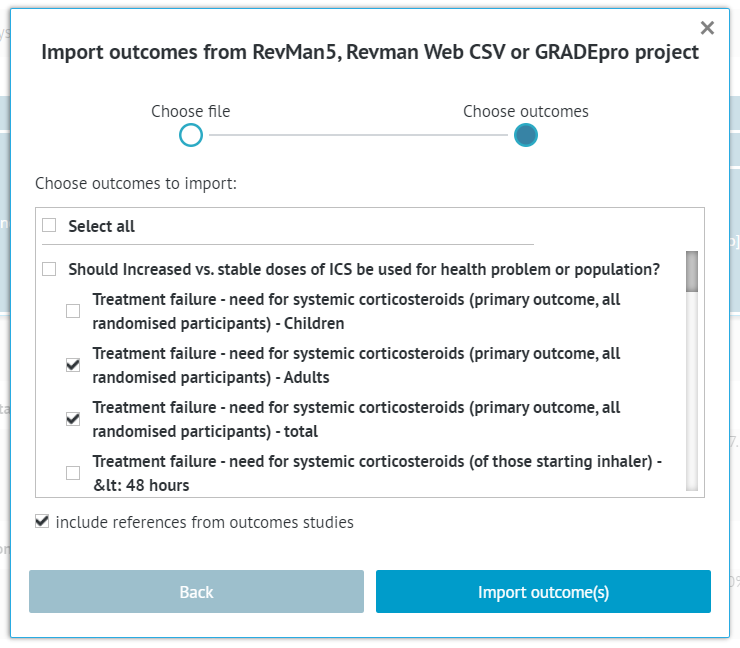 project outcomes list with full or selective import options