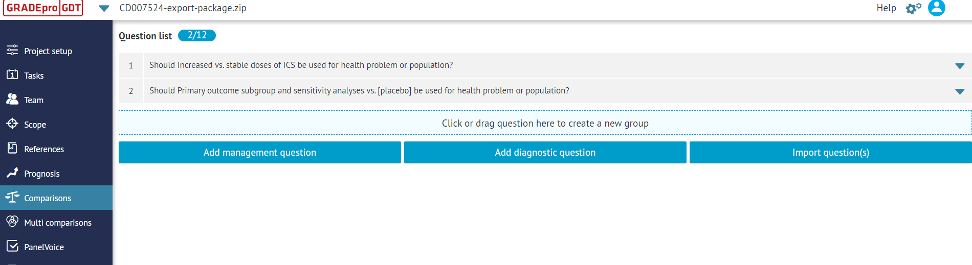 dashboard of imported project with clickable questions