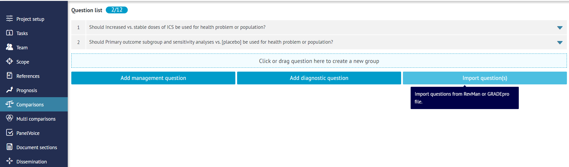 project dashboard with questions