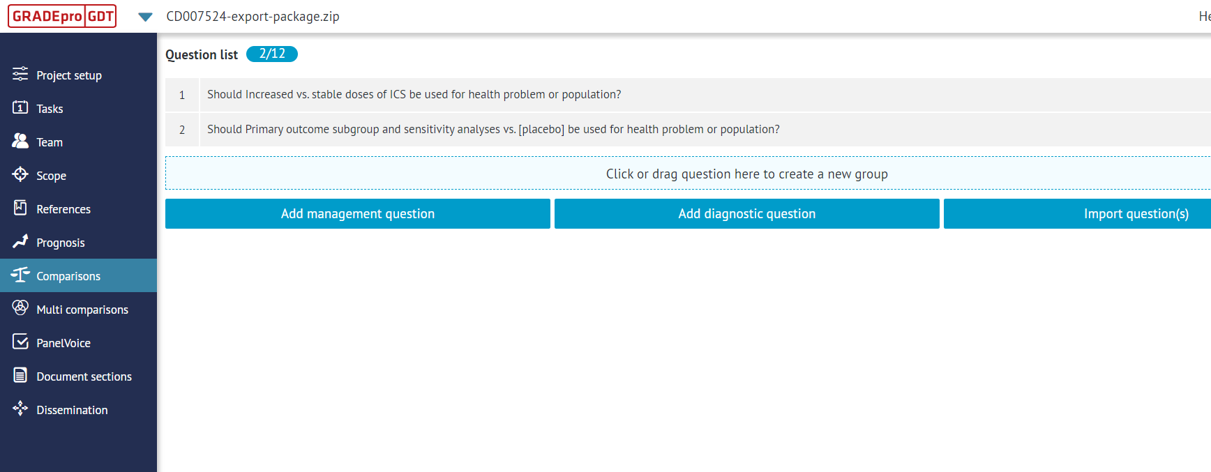 dashboard of imported project with clickable questions