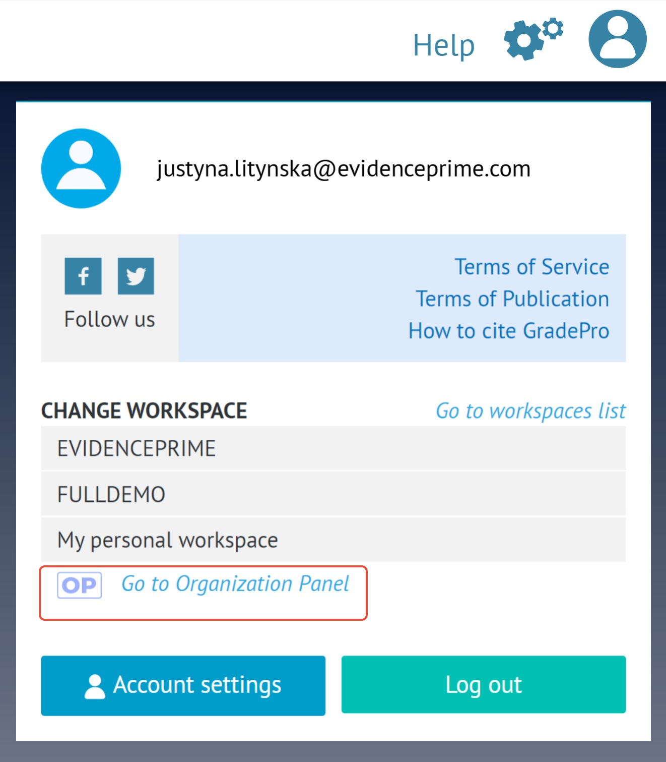 screenshot of user menu in top right corner of GRADEpro