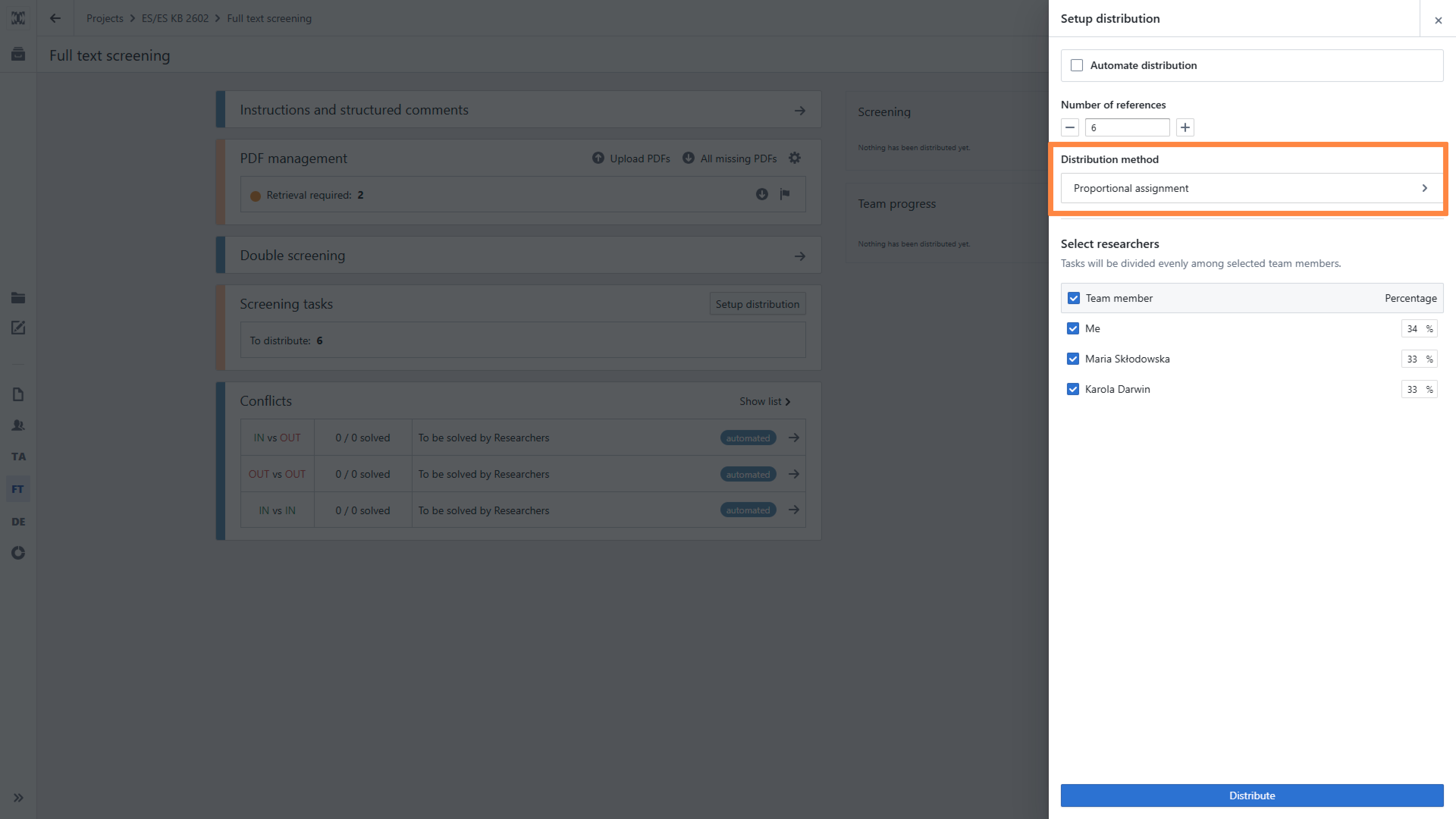 Task distribution panel showing non automated distribution disabled and proportional assignment selected.