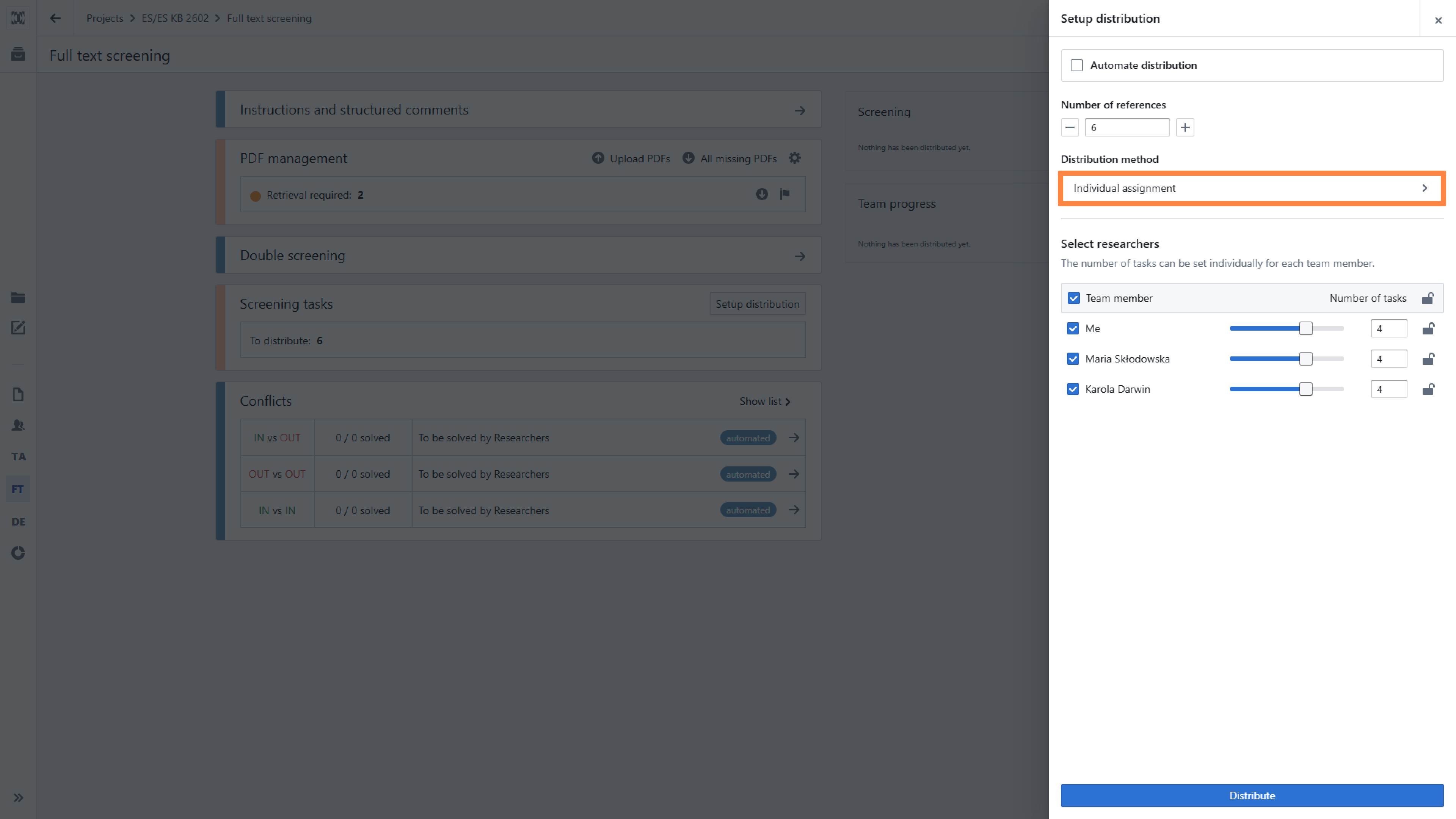 Screening task distribution panel, showing the automatic distribution disabled and the individual assignment selected with the unblocked sliders for the task distribution for the available users.