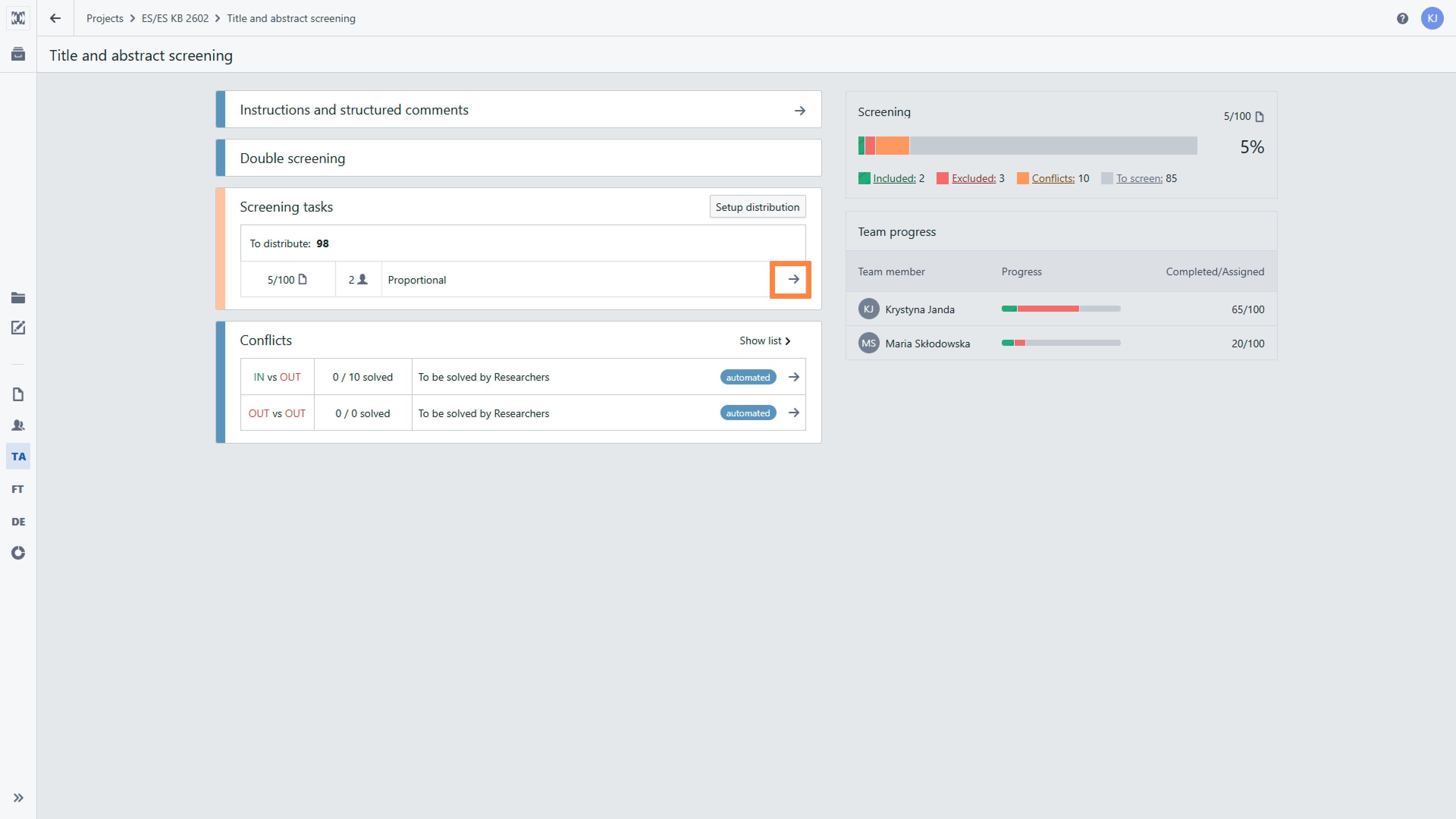 Title and abstract stage dashboard with the highlighted arrow in the 'Screening tasks' section.