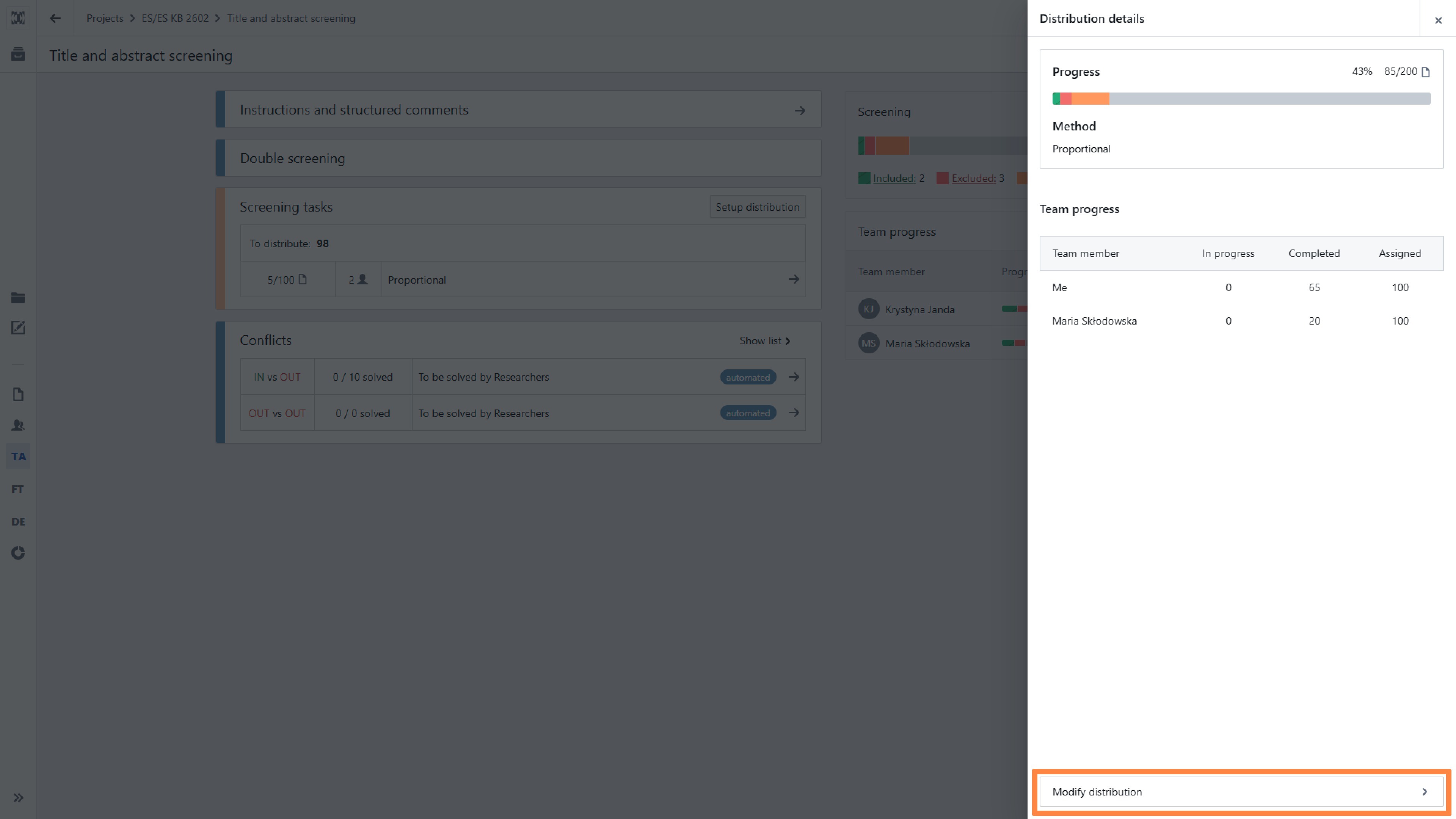 The 'Modify distribution' tab in the Distribution details at the Title and abstract screening stage.