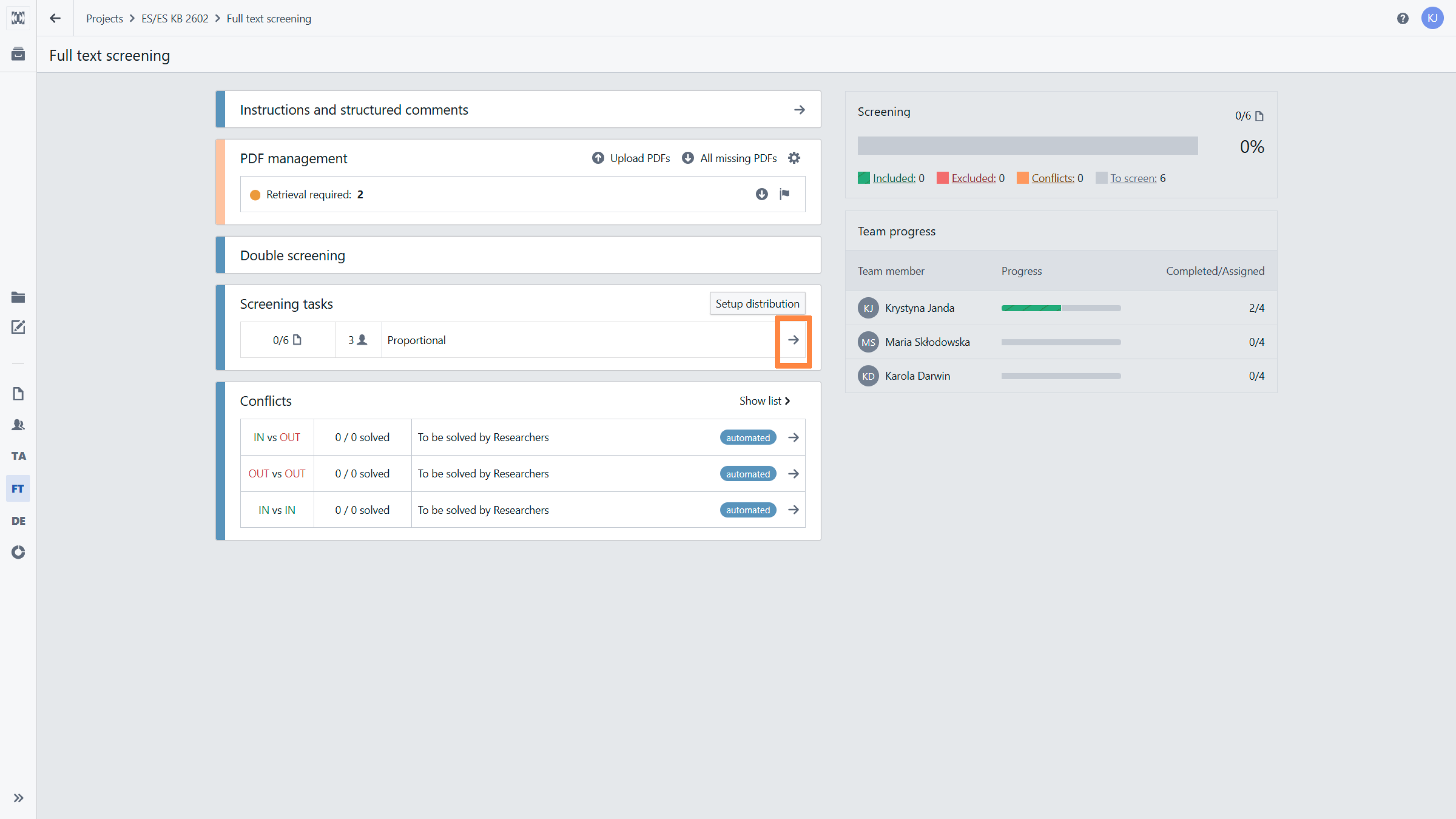 Title and abstract stage dashboard with the highlighted arrow in the 'Screening tasks' section. 