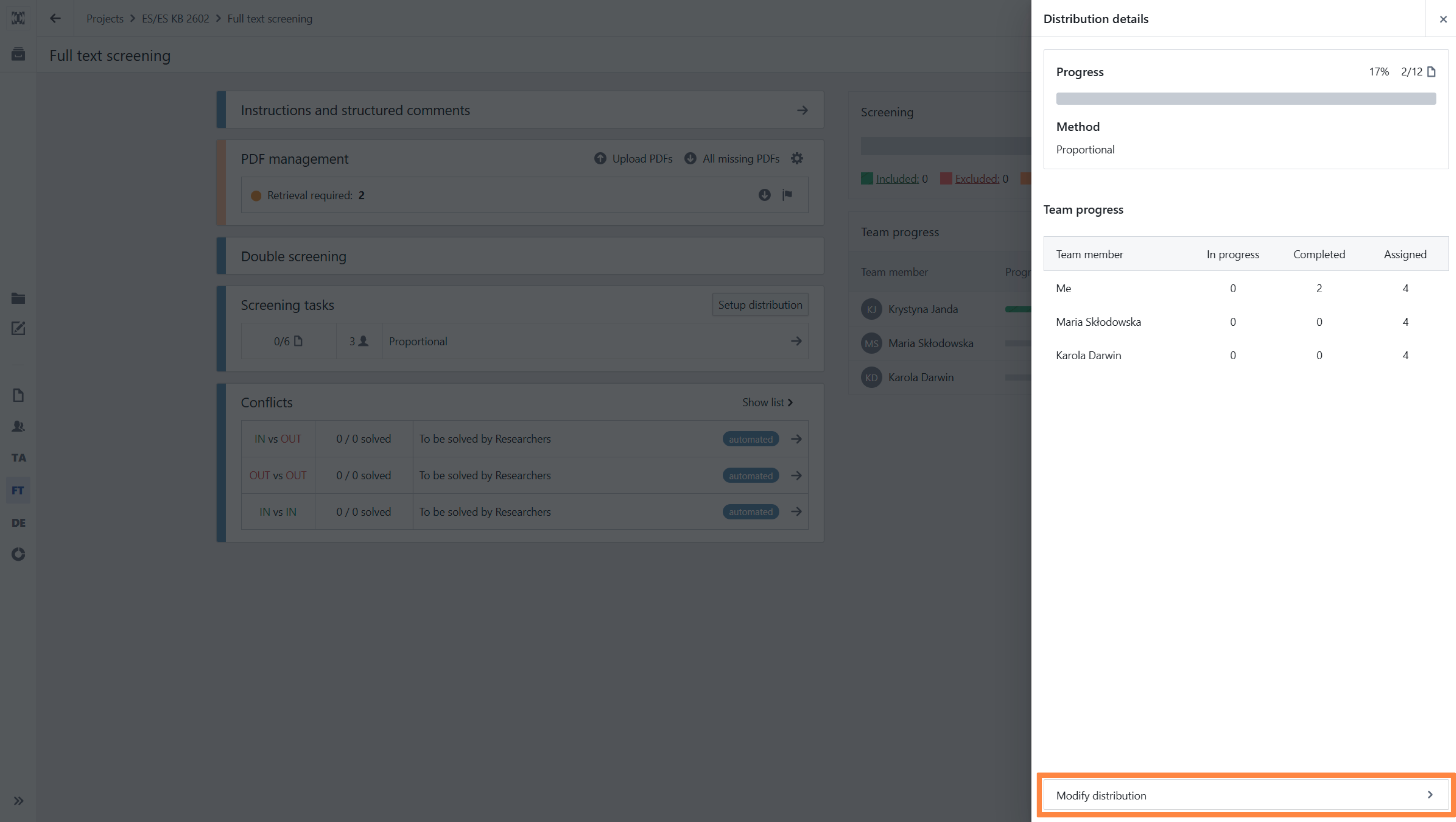Stage dashboard with modification distribution highlighted 