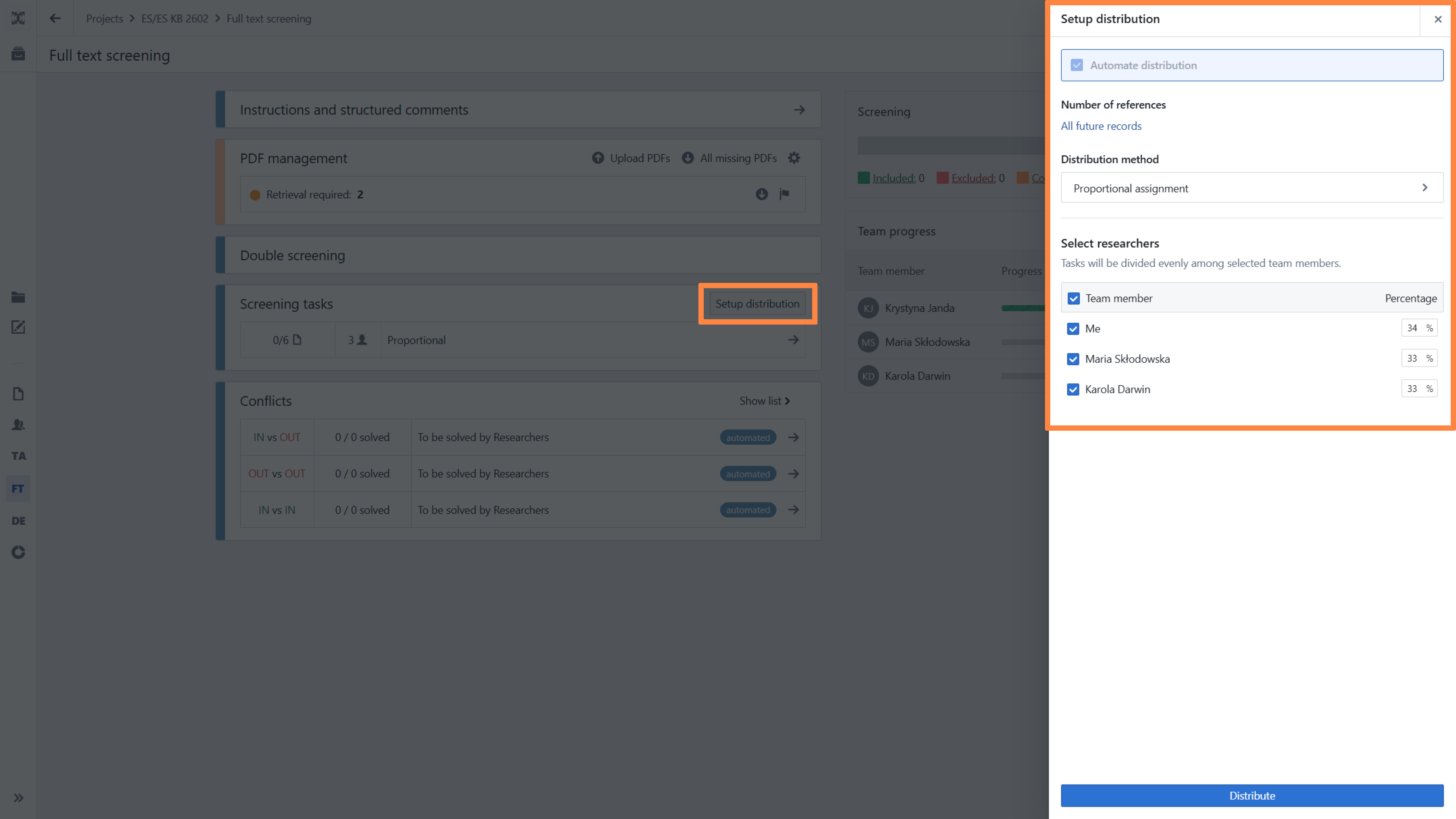 Full text screening task distribution panel showing automated distribution disabled and proportional assignment selected.