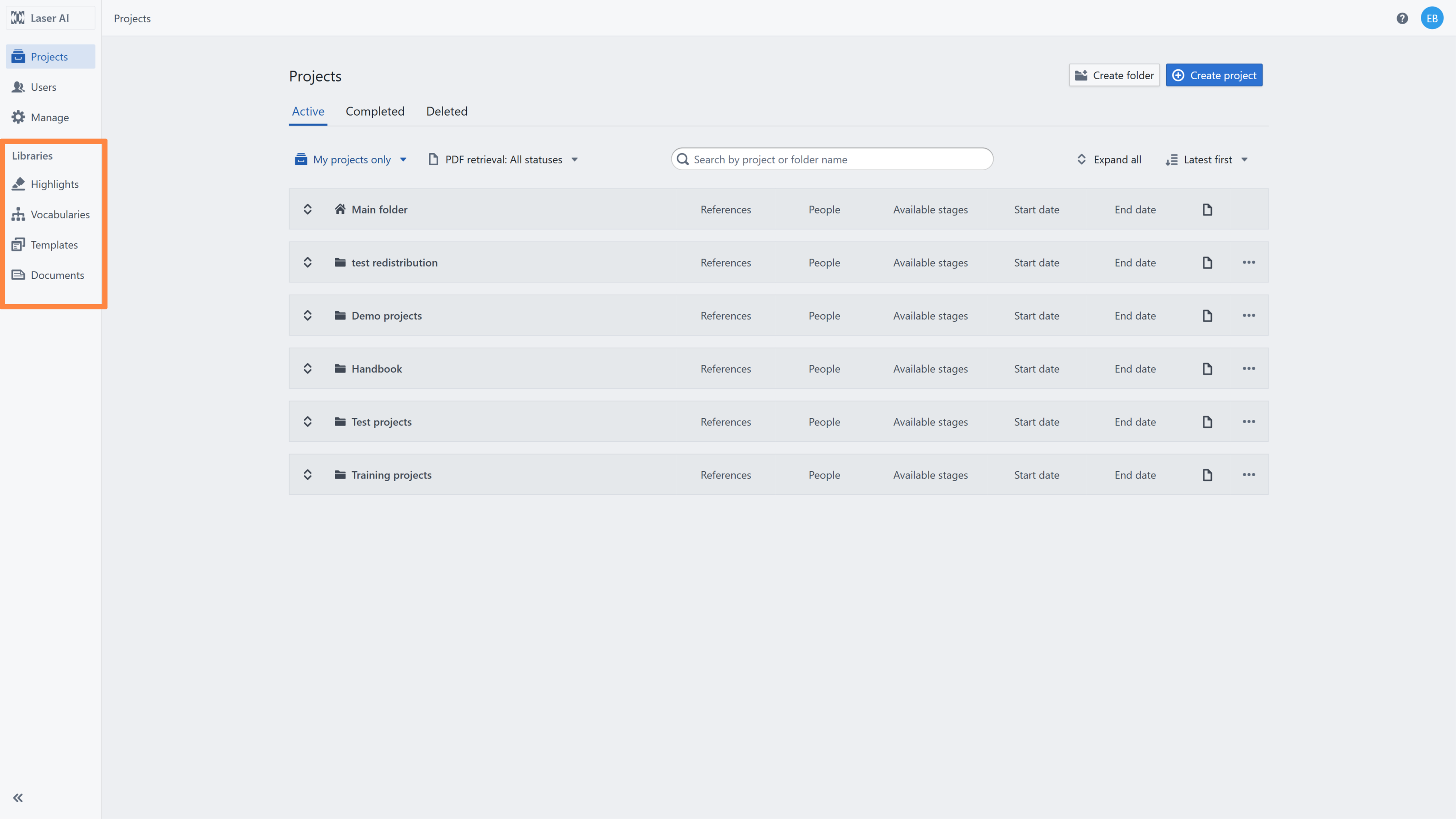 Project List panel with three types of libraries highlighted in the left sidebar - Highlights, Vocabularies and Templates and documents. 