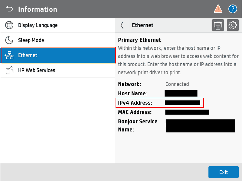 HP printer Information screen with Ethernet selected and the IPv4 Address highlighted