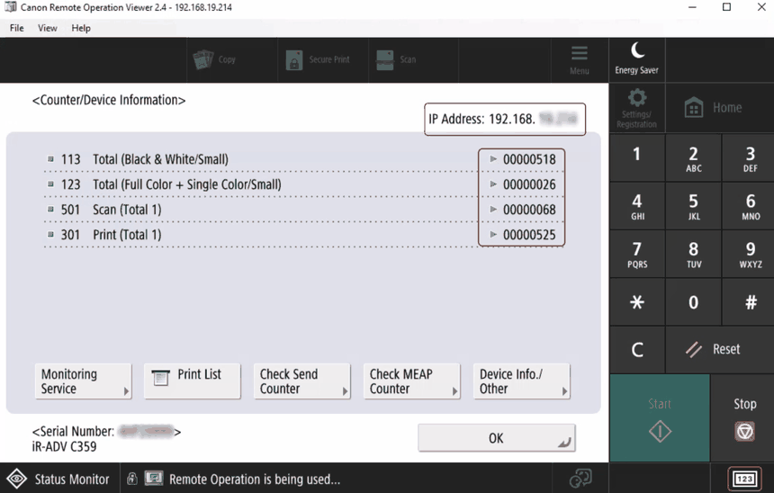 Canon Counter and Device Information screen with the IP address and meter readings highlighted
