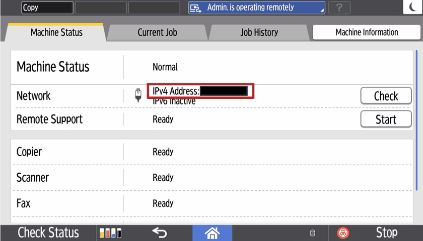 Ricoh Machine Status tab with the IPv4 Address highlighted on the Network line