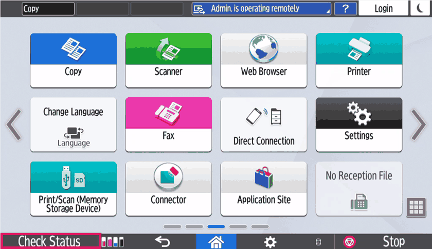 Ricoh home screen with Check Status highlighted in the bottom-left corner