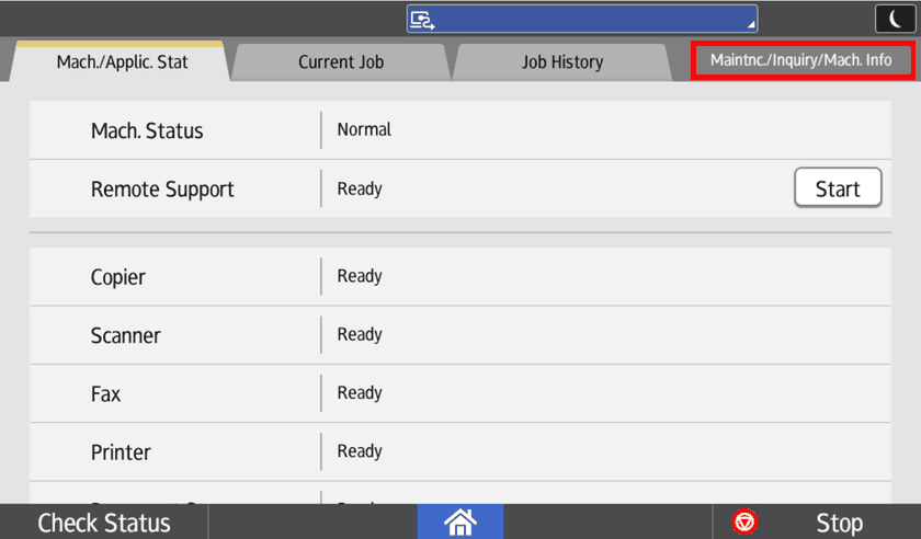 Ricoh status screen with the Maintenance, Inquiry and Machine Info tab highlighted