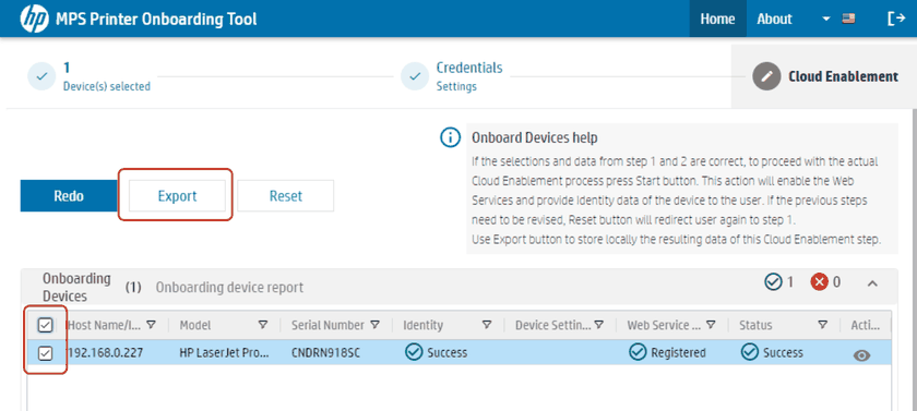 The onboarding report with a registered device ticked and the Export button